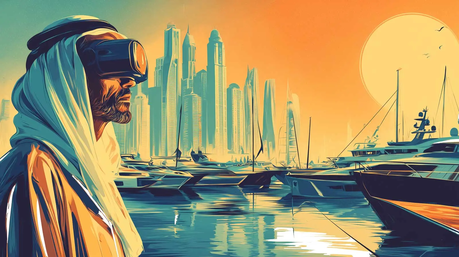 A man touring a superyacht marina wearing VR goggles